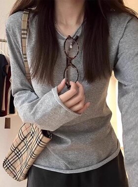 高级感灰色长袖T恤女春秋雅丹修身显瘦内搭打底baby蓝正肩上衣夏