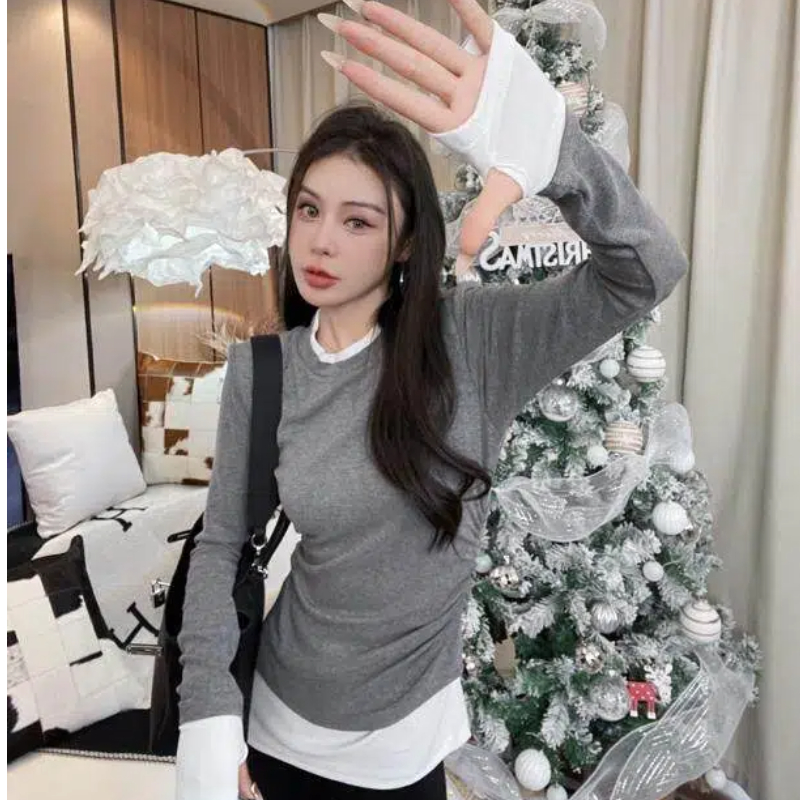 秋冬灰色假两件长袖t恤女打底衫显瘦内搭韩系漂亮巨好看chi上衣潮