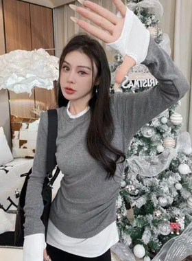 秋冬灰色假两件长袖t恤女打底衫显瘦内搭韩系漂亮巨好看chi上衣潮