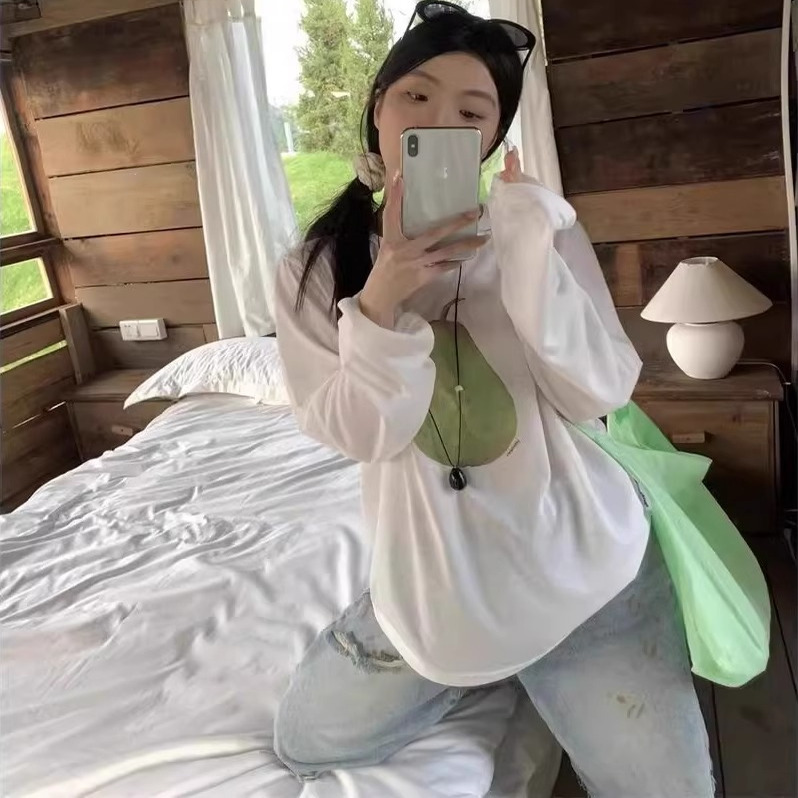 法式圆领栀子白色长袖t恤女春夏季防晒罩衫薄款宽松百搭上衣设计
