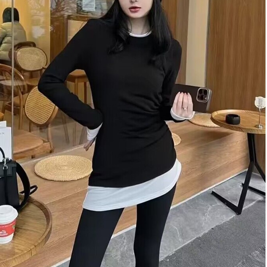 秋冬黑色假两件长袖t恤女打底衫显瘦内搭韩系漂亮巨好看chi上衣潮