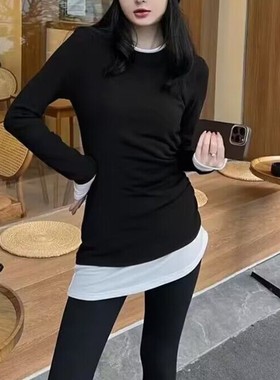 秋冬黑色假两件长袖t恤女打底衫显瘦内搭韩系漂亮巨好看chi上衣潮