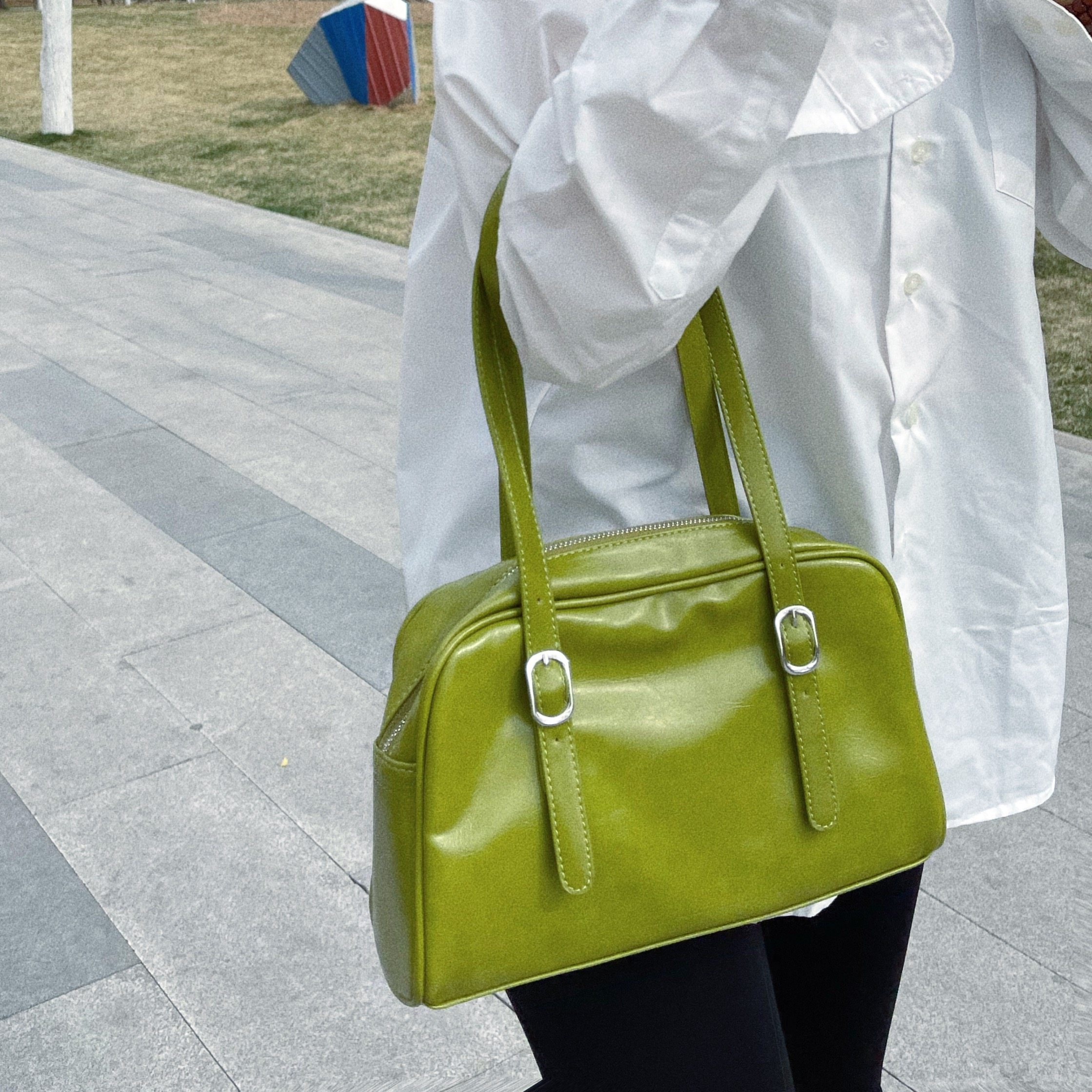 ymbhz春天绿色单肩包皮质小众腋下包韩国ins包包2022新款百搭女包