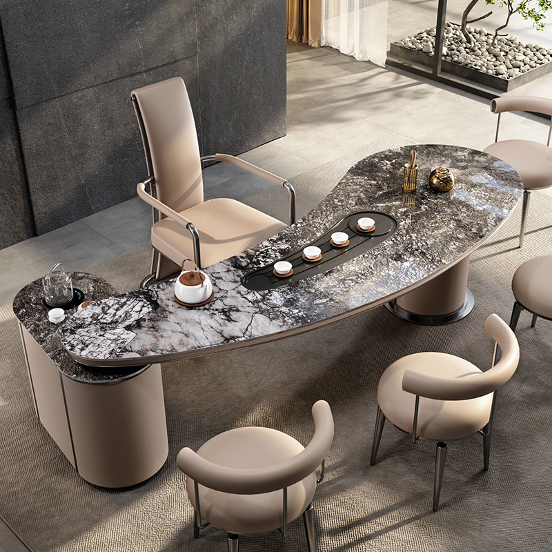 意式轻奢风奢石岩板茶桌椅别墅家用大书房办公桌功夫茶几茶台一体