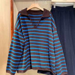 欧洲站2025秋冬新款V领小翻领宽松条纹休闲减龄慵懒风一手长毛衣