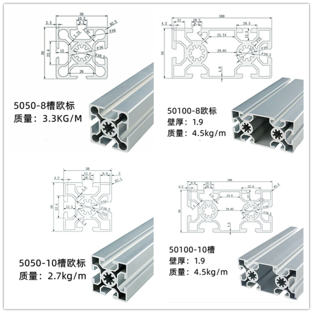 欧标5050W工业铝型材50100铝合金50*50大型框架支架防护罩流水线