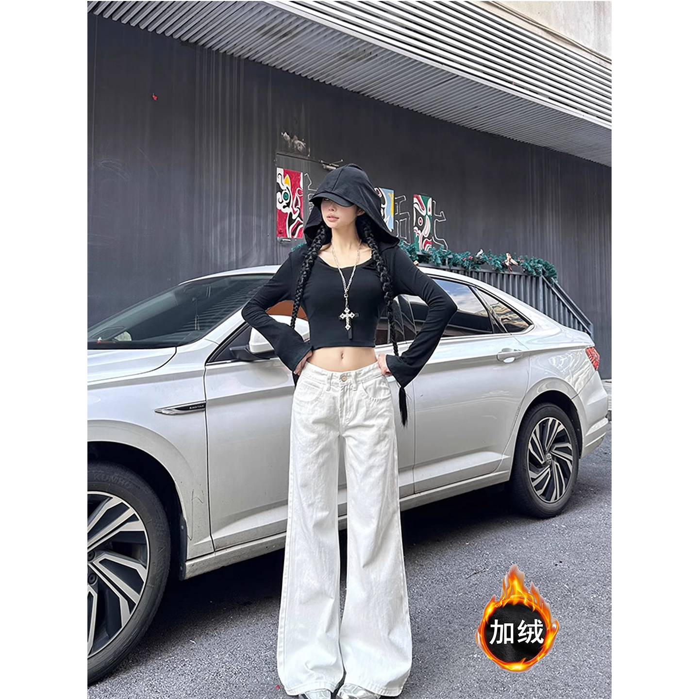 依琳家美式高街加绒加厚牛仔裤女秋冬2026新款白色直筒阔腿裤宽松,女装/女士精品,牛仔裤,淘宝优惠券,粉丝福利购,淘宝优惠卷