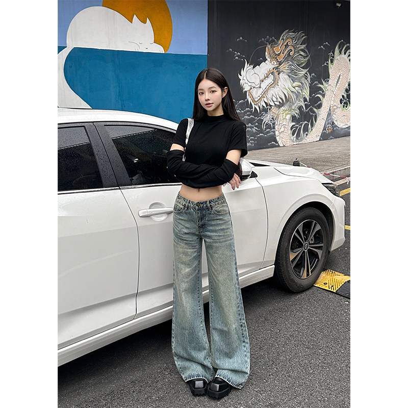 依琳家浅蓝色美式低腰牛仔裤女秋冬2025新款微喇直简宽松阔腿长裤