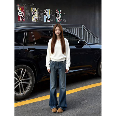 依琳家宽松直简阔腿牛仔裤子女窄版2026春季新款水洗做旧显瘦微喇