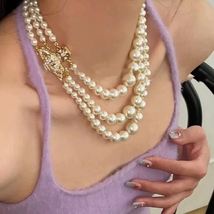 Willa｜三层珍珠磁吸扣土星项链欧美风设计感侧边戴锁骨链毛衣链