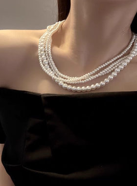 Willa｜ins博主同款时尚法式复古温柔高亮珍珠多层串珠项链锁骨链