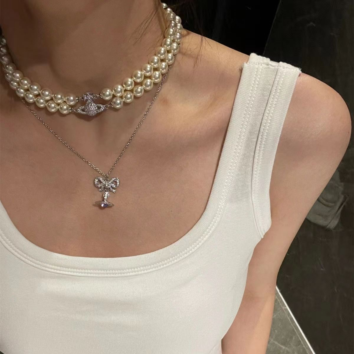 土星项链双层珍珠choker颈链