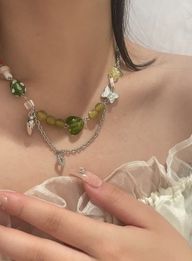 Willa｜绿色系串珠爱心蝴蝶琉璃拼接项链女ins小众设计感森系手链
