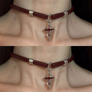 Willa｜暗红色复古朋克风十字架脖颈圈项链女甜酷百搭项圈2025新