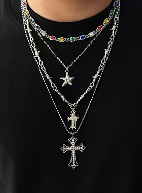 Willa｜ins银色十字架叠戴合金项链男女同款个性朋克风仿珍珠项链