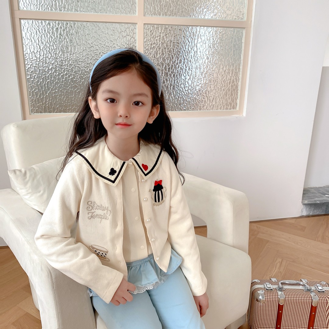 【清仓】女童学院风翻领刺绣衬衫女宝宝长袖纽扣开衫花边牛仔裙裤
