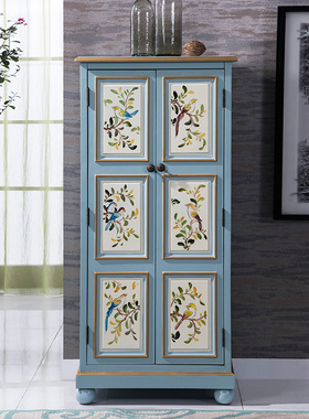 美式乡村入户鞋柜家用门口地中海田园风复古彩绘实木收纳立式高柜