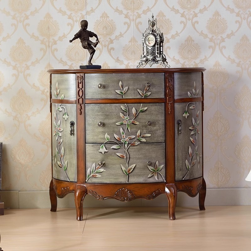美式乡村入户玄关柜门厅半圆过道柜实木客厅储物柜彩绘斗柜收纳柜
