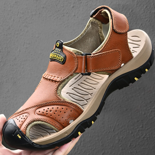 男牛皮防滑休闲户外鞋 夏季 真皮沙滩鞋 男2025新款 头层牛皮包头凉鞋