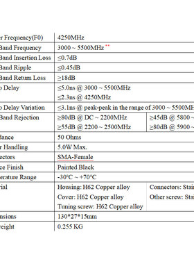 中心频率：4250MHz 3-5.5GHz 5W SMA 射频微波同轴带通滤波器