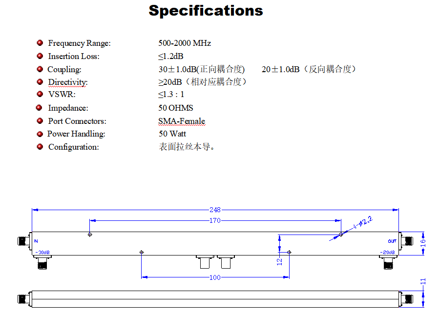 0.5-2GHz 500-2000MHz 30dB 50W SMA 射频宽带 双向定向耦合器