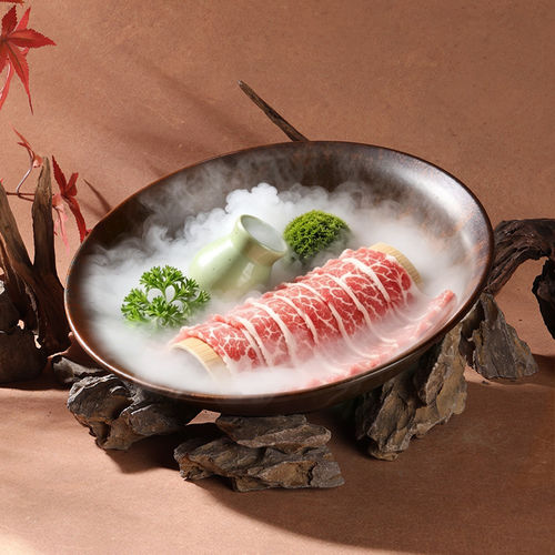 山野风火锅餐具山缓缓招牌九秒牛肉冒烟干冰盘鲜切吊龙盘铺冰大碗