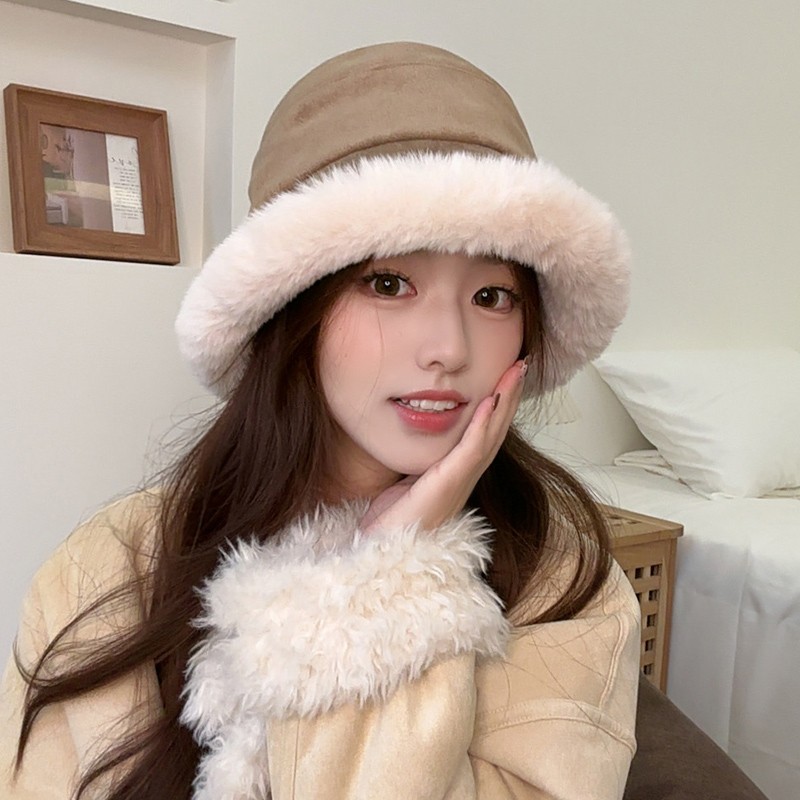 麂皮绒毛绒渔夫帽女冬季显脸小加绒加厚护耳帽子户外保暖防寒盆帽