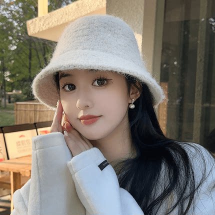 纯色渔夫帽女秋冬新款大头围针织毛绒水桶帽日系百搭保暖女士帽子