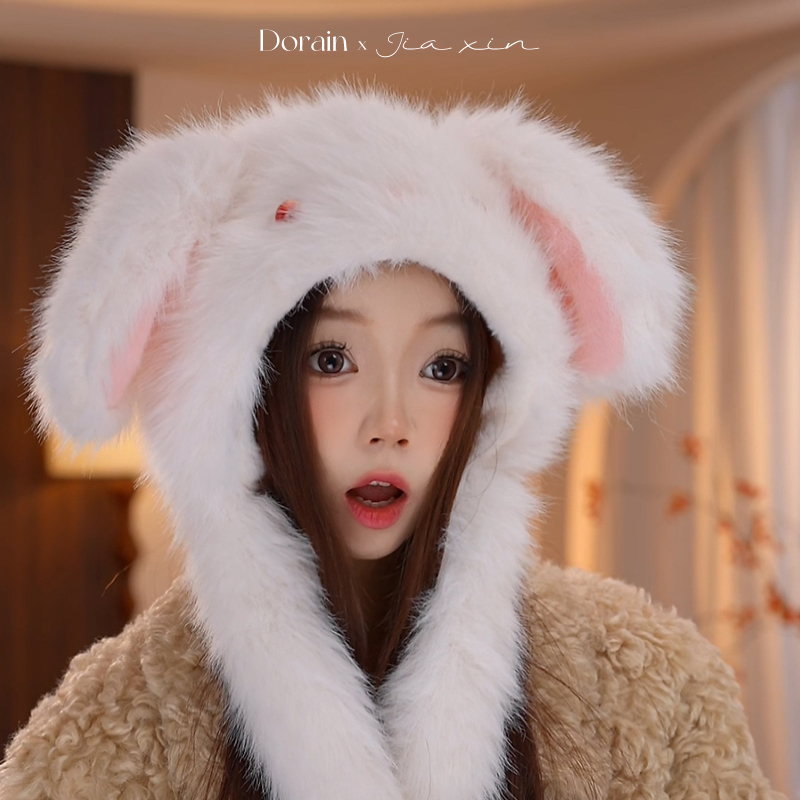 可爱兔子耳朵毛绒帽女冬季加绒保暖耳朵会动帽子毛茸茸护耳雷锋帽