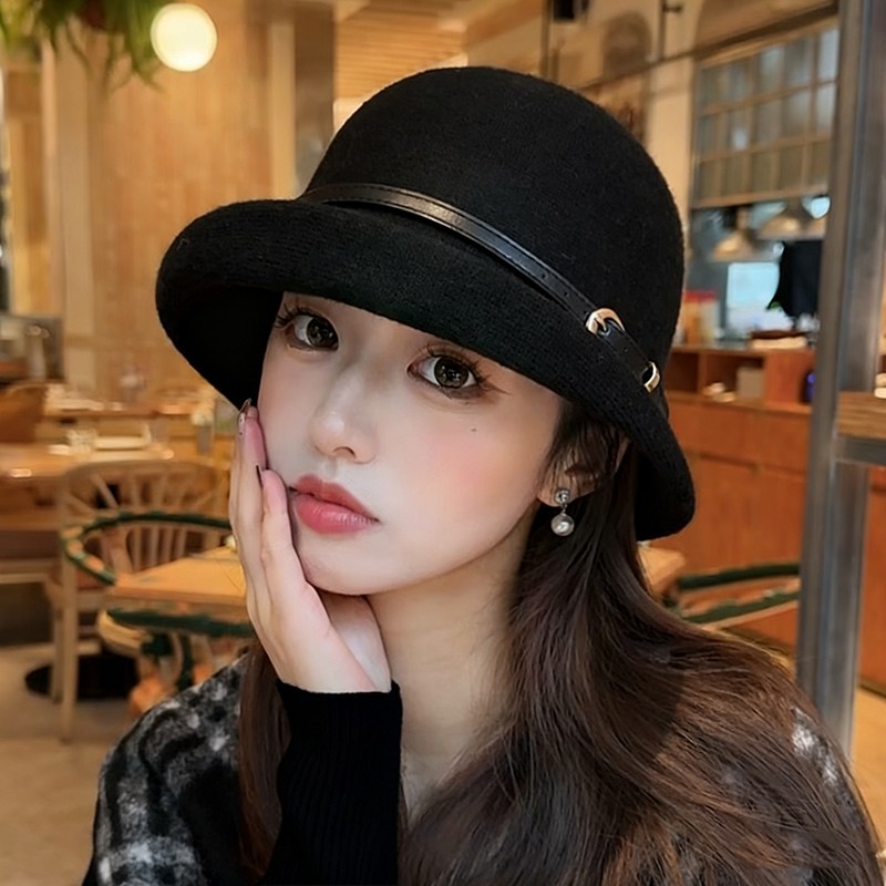 卷边渔夫帽女秋冬新款时尚气质千金风礼帽大头围百搭女士针织盆帽