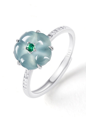 s925银镶天然A货翡翠蓝水牡丹花戒指女款冰种玉石指环个性食指戒