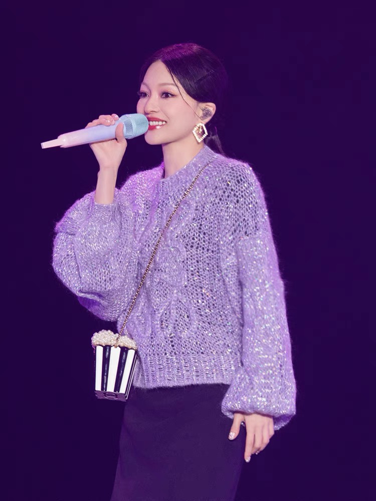 2024張韶涵演唱會同款紫色寬松套頭燈籠袖毛衣針織衫上衣女秋季