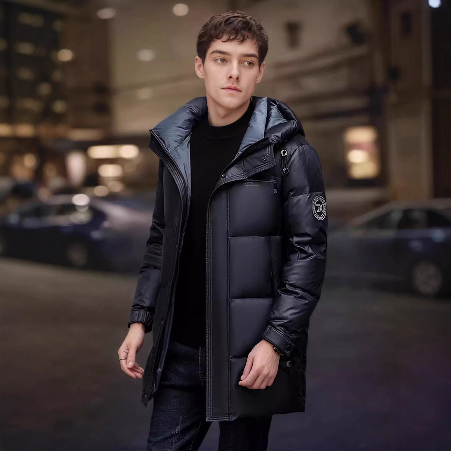 羽绒服男中长款冬季中青年白鸭绒加厚连帽外套潮牌服饰