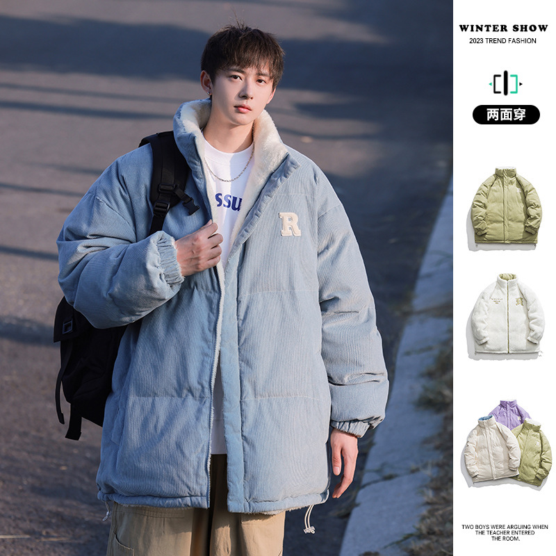 新款棉衣双面穿外套秋冬情侣服羊羔绒加绒加厚保暖时尚潮棉服