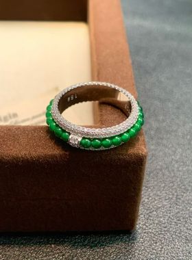 天然A货翡翠小米珠戒指吊坠阳绿925纯银镶嵌原创设计新中式国风女