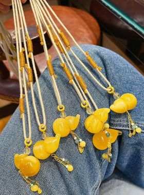 原创设计纯天然石手工编绳俄料鸡油黄蜜蜡葫芦吊坠项链中国风时尚