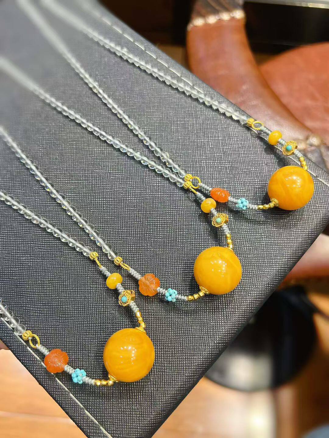 天然欧洲老妖花蜜蜡转运球设计纹理黄水晶多宝原创手工编绳项链