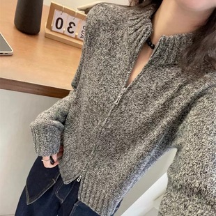 秋冬加厚100%纯羊毛衫女半高领针织开衫小个子毛衣短款双拉链花纱