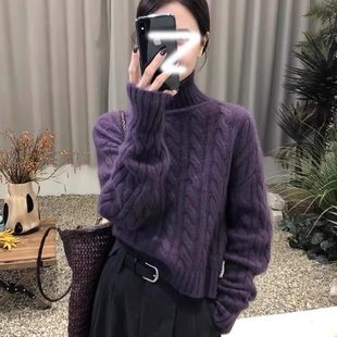 宽松百搭洋气显瘦上衣毛衣女116 高领麻花100%羊毛长袖 25冬季 新款