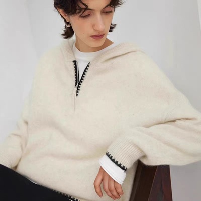 100%纯羊毛衫女连帽针织