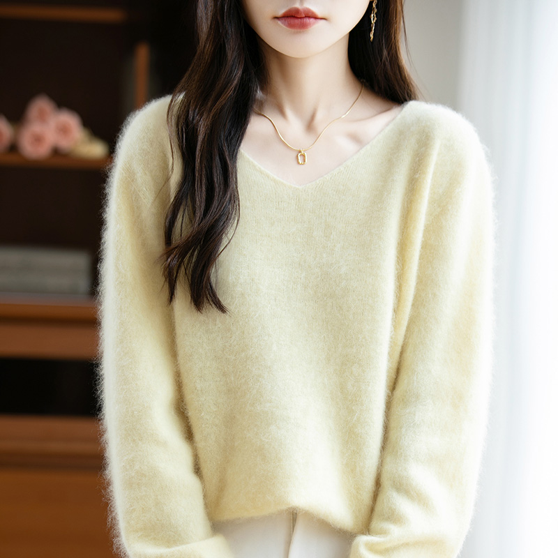 拉绒纯羊毛衫女V领韩系宽