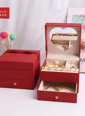 10HJH婚庆盒红色抽屉婚礼戒指项链盒三金首饰盒结婚首饰盒陪嫁盒