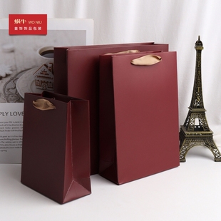 酒红丝带手提袋珠宝首饰包装袋礼品袋购物纸袋子收纳袋净面印logo