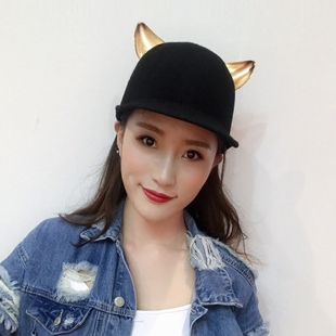 尖尖合金耳朵恶魔帽子女英伦羊毛呢宽檐硬挺马术帽铆钉皮带棒球帽