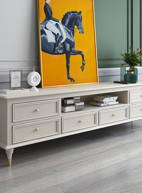 美式白色实木电视柜地柜茶几组合1.6米1.8米轻奢实木电视柜组定制