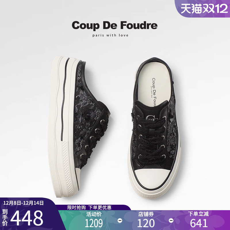 CDF女鞋2025夏季新款百搭厚底松糕懒人鞋亮片网纱透气拼接半拖鞋