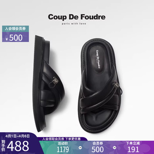 百搭真皮时尚 CDF女鞋 2025夏季 新款 轻便简约露趾女拖 厚底充棉拖鞋