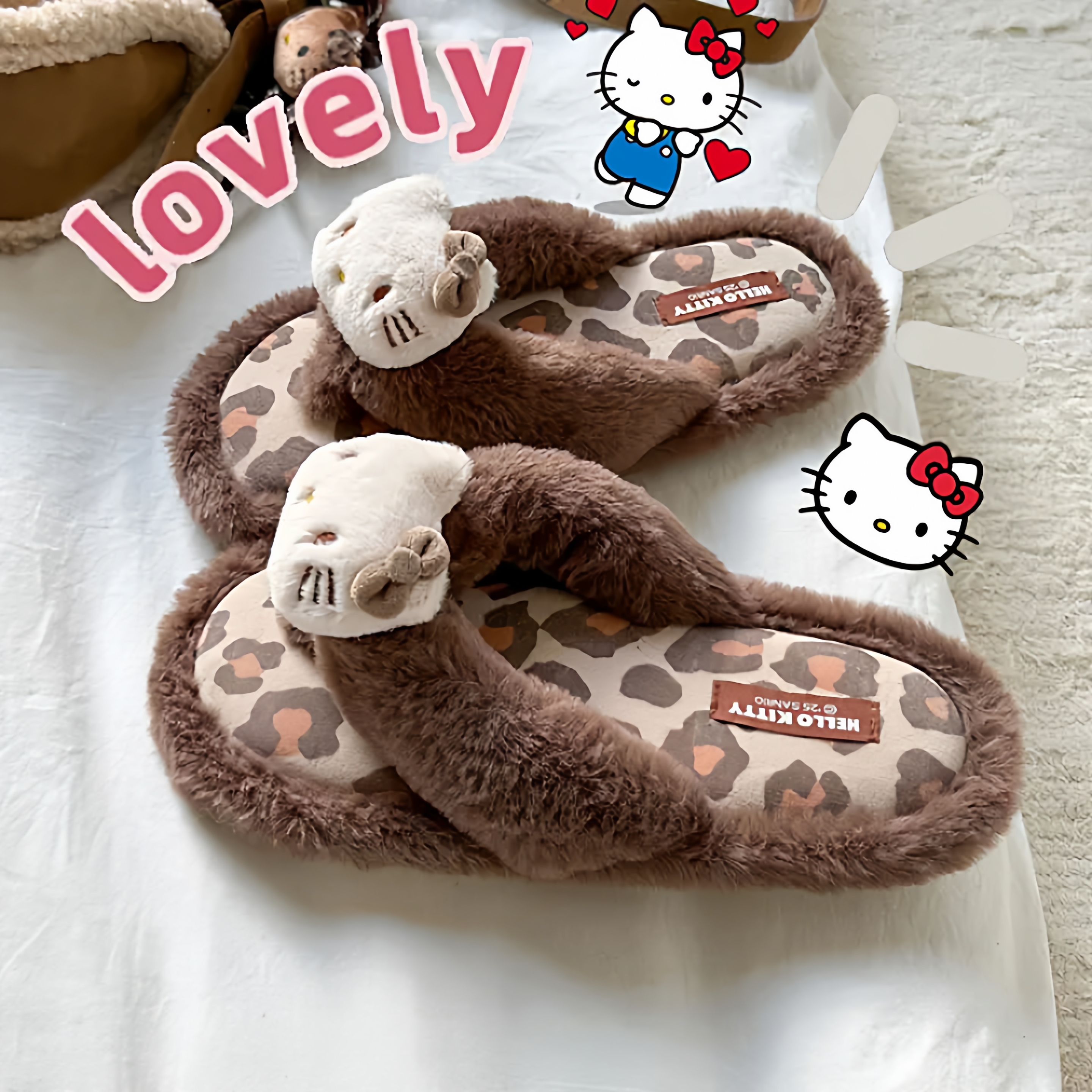 HelloKitty毛毛人字拖女秋冬三丽鸥正版居家外穿辣妹豹纹棉拖鞋女
