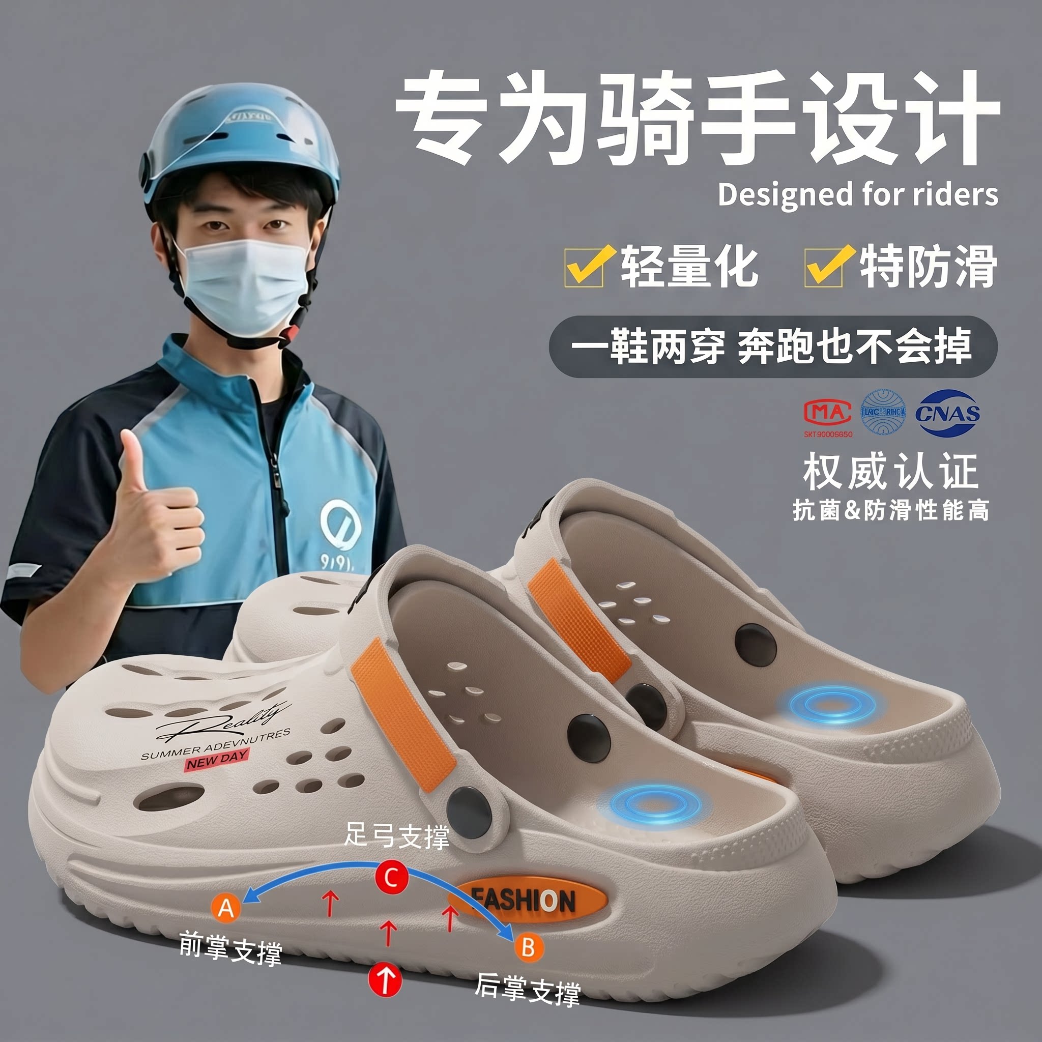 外卖员骑手洞洞鞋男士2026新款夏季外穿厚底防滑防臭大码开车凉鞋