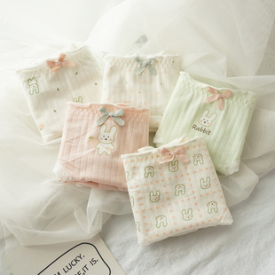 中腰竖纹木耳边高弹柔软抑菌档可爱甜美 日系萌兔印花全棉女内裤